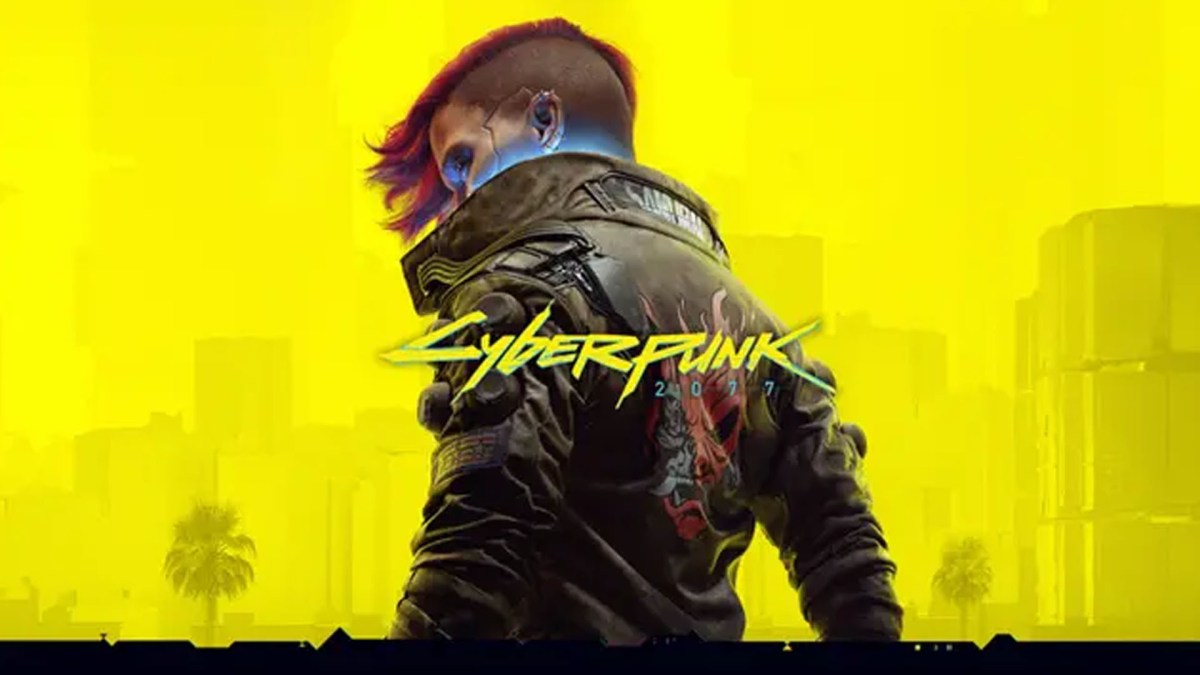 Artwork zu Cyberpunk 2077 mit dem Logo des Spiels vor dem Rücken eines Charakters