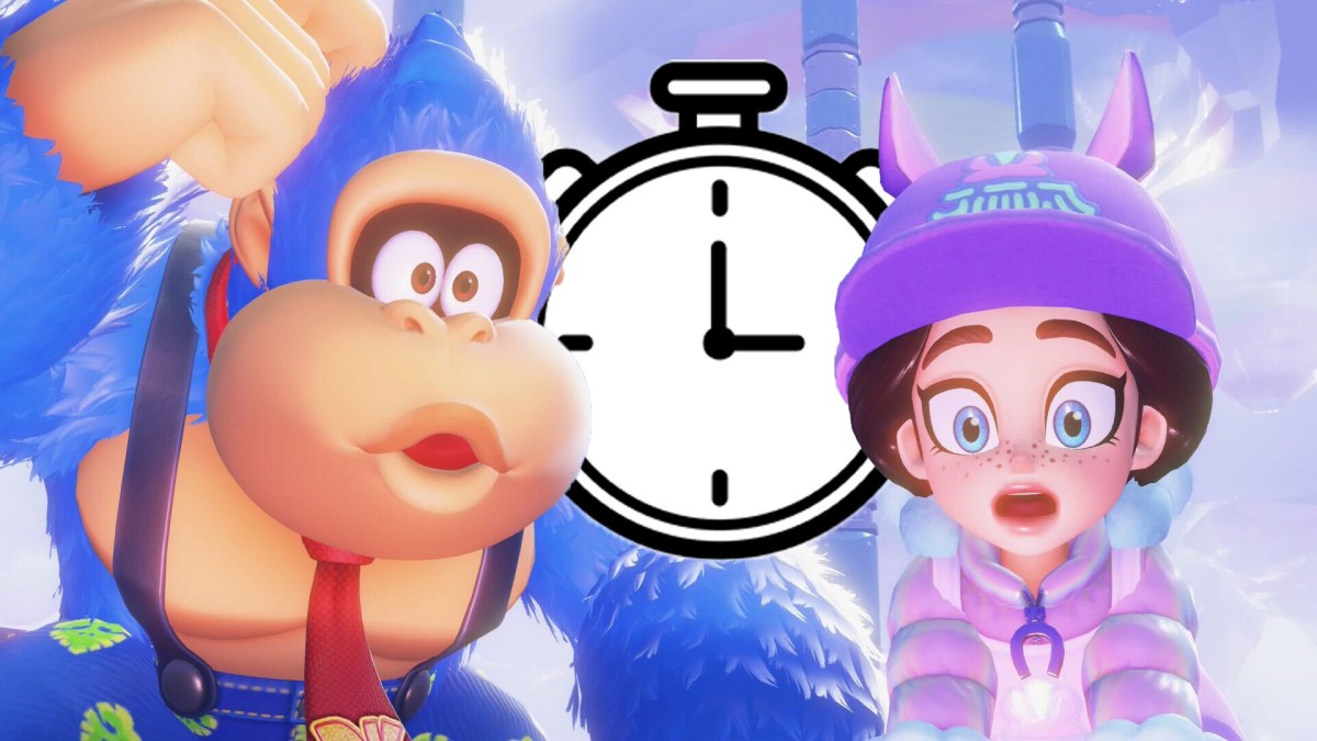 DK und Pauline aus Donkey Kong Bananza mit einer Stoppuhr dazwischen.