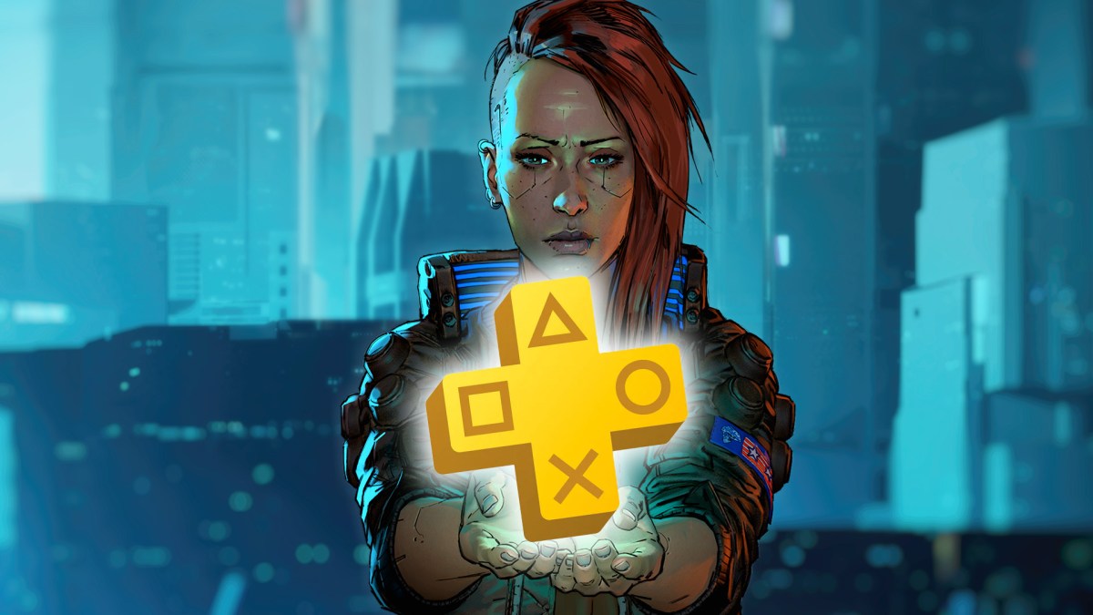 Artwork von Cyberpunk 2077. V hält das PS Plus Logo in den Händen.