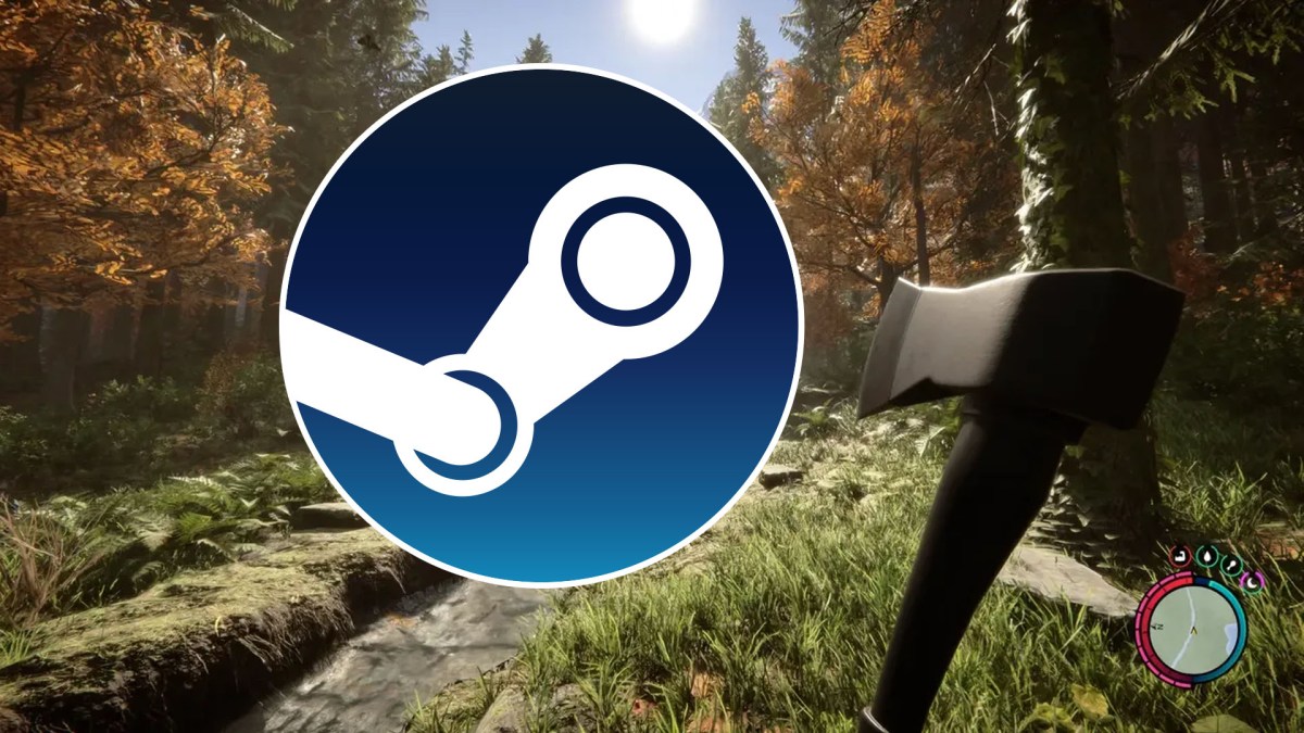 Screenshot aus Sons of The Forest mit dem Steam-Logo