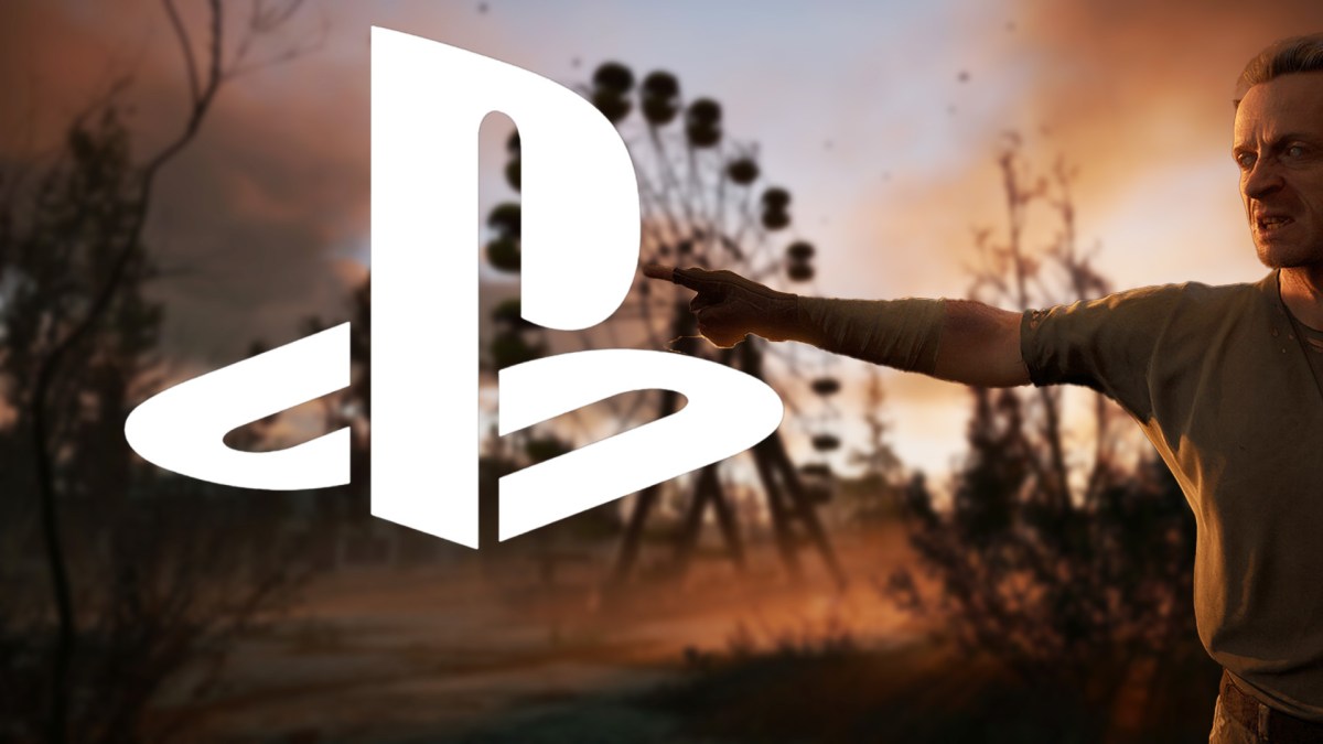 Screenshot aus Stalker 2. Im Vordergrund zeigt eine Figur auf das Logo von PlayStation.