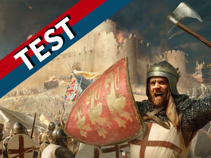 Ein Artwork von Stronghold Crusader Definitive Edition mit dem rot-blauen Testbanner.