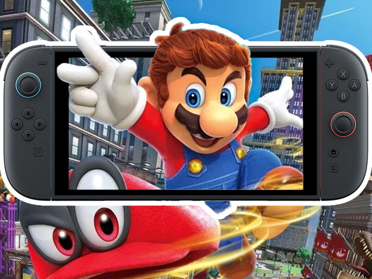 Super Mario Odyssey Artwork verbunden mit einer Nintendo Switch 2