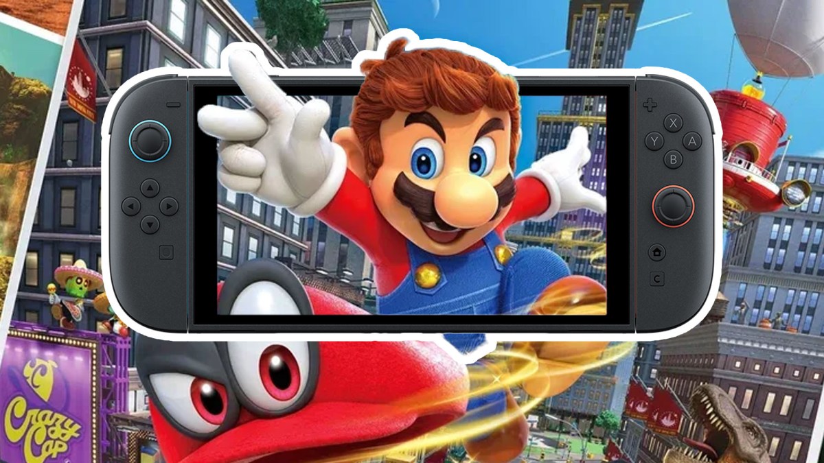 Super Mario Odyssey Artwork verbunden mit einer Nintendo Switch 2